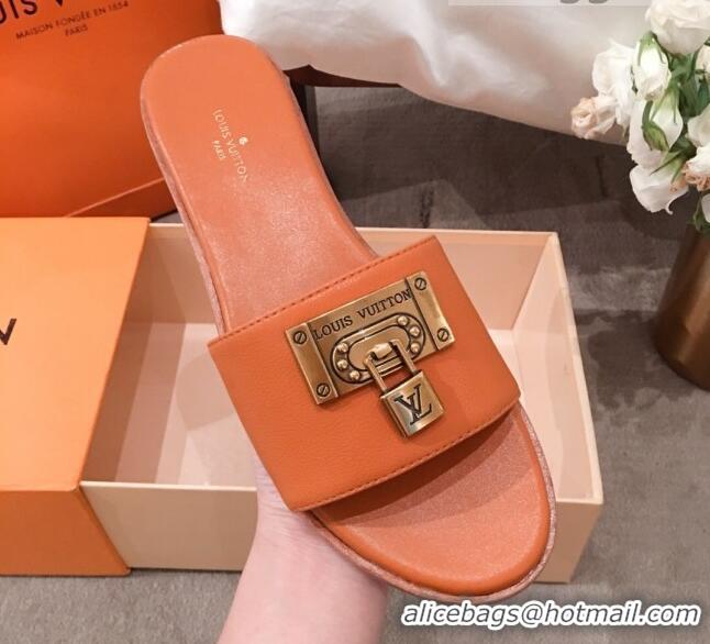 Luxurious Louis Vuitton Lock It Flat Slide Sandals with Lock Charm Orange Leather 051067