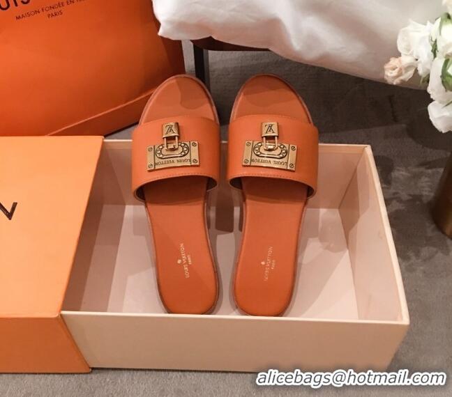 Luxurious Louis Vuitton Lock It Flat Slide Sandals with Lock Charm Orange Leather 051067