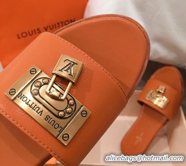 Luxurious Louis Vuitton Lock It Flat Slide Sandals with Lock Charm Orange Leather 051067