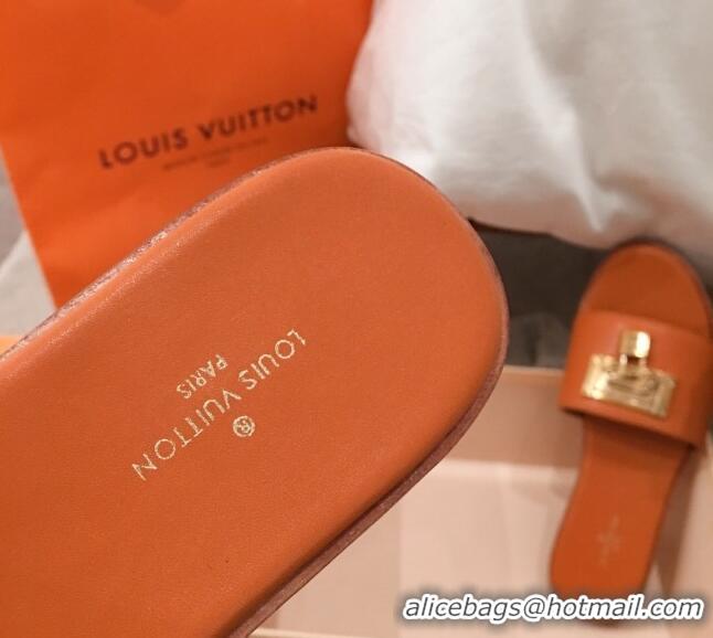 Luxurious Louis Vuitton Lock It Flat Slide Sandals with Lock Charm Orange Leather 051067