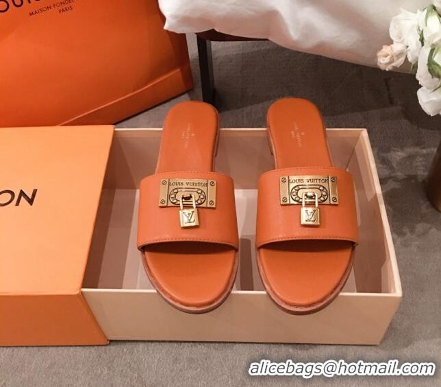 Luxurious Louis Vuitton Lock It Flat Slide Sandals with Lock Charm Orange Leather 051067