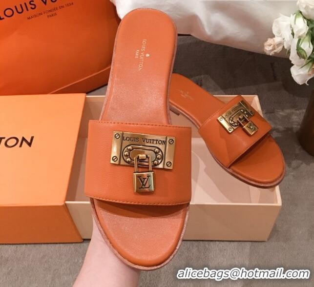 Luxurious Louis Vuitton Lock It Flat Slide Sandals with Lock Charm Orange Leather 051067