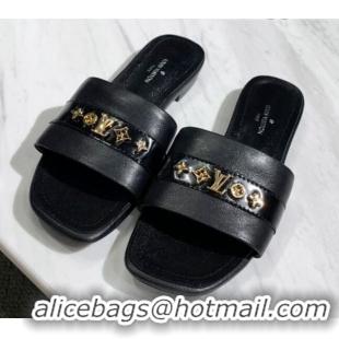 Perfect Louis Vuitton Revival Calfskin Monogram Studs Flat Slide Sandals 061246 Black 2021