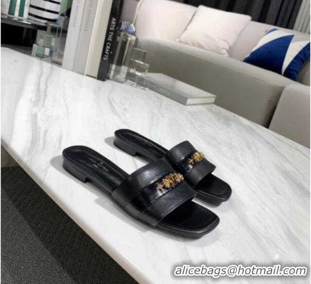 Perfect Louis Vuitton Revival Calfskin Monogram Studs Flat Slide Sandals 061246 Black 2021