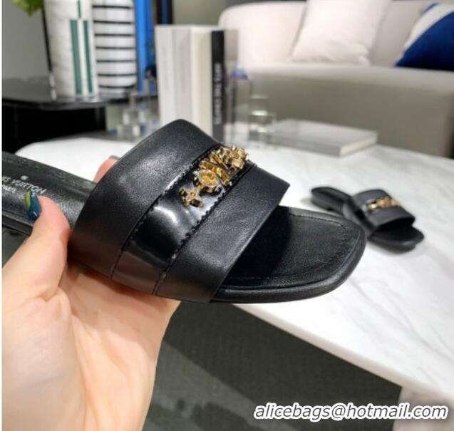 Perfect Louis Vuitton Revival Calfskin Monogram Studs Flat Slide Sandals 061246 Black 2021