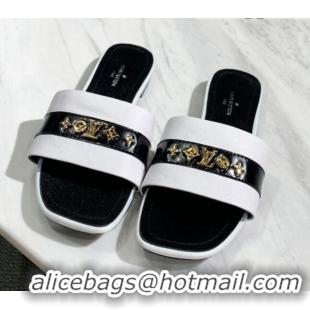 Shop Duplicate Louis Vuitton Revival Calfskin Monogram Studs Flat Slide Sandals 061246 White 2021