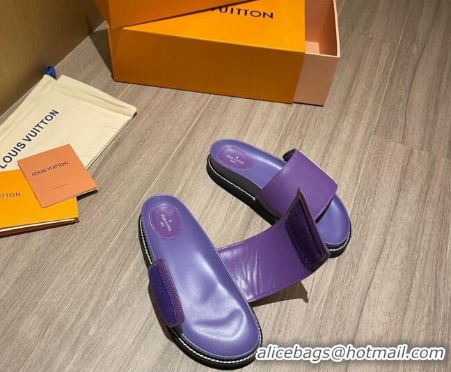 Popular Louis Vuitton Leather LV Sunset Flat Comfort Slide Sandals Purple 061254