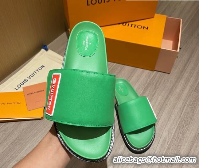 Charming Louis Vuitton Leather LV Sunset Flat Comfort Slide Sandals 061254 Green