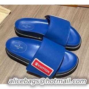 Low Cost Louis Vuitton Leather LV Sunset Flat Comfort Slide Sandals 061254 Blue