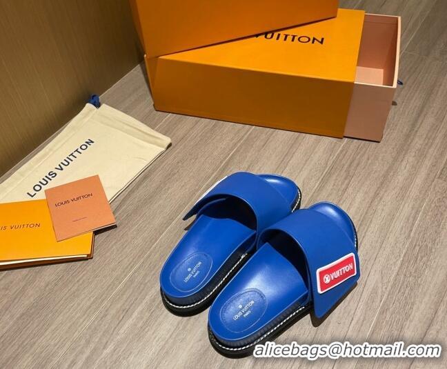 Low Cost Louis Vuitton Leather LV Sunset Flat Comfort Slide Sandals 061254 Blue