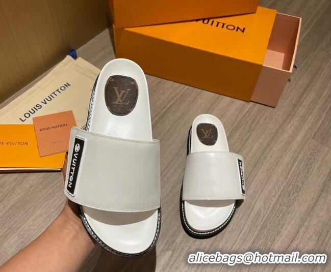 Sophisticated Louis Vuitton Leather LV Sunset Flat Comfort Slide Sandals 061254 White