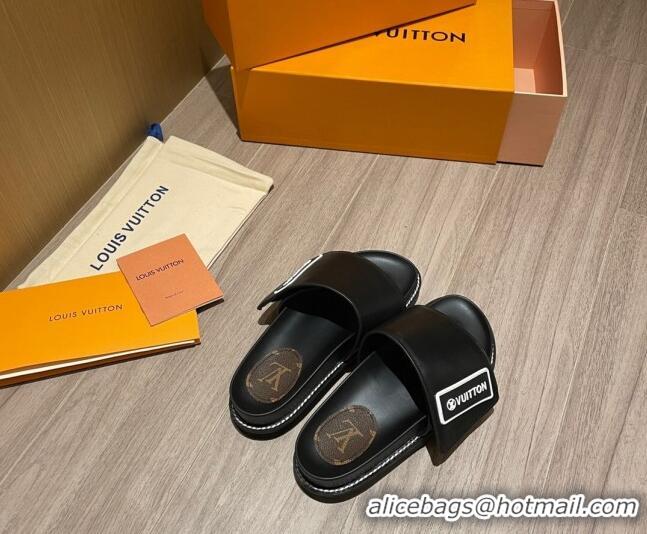 AAAAA Louis Vuitton Leather LV Sunset Flat Comfort Slide Sandals 061254 Black