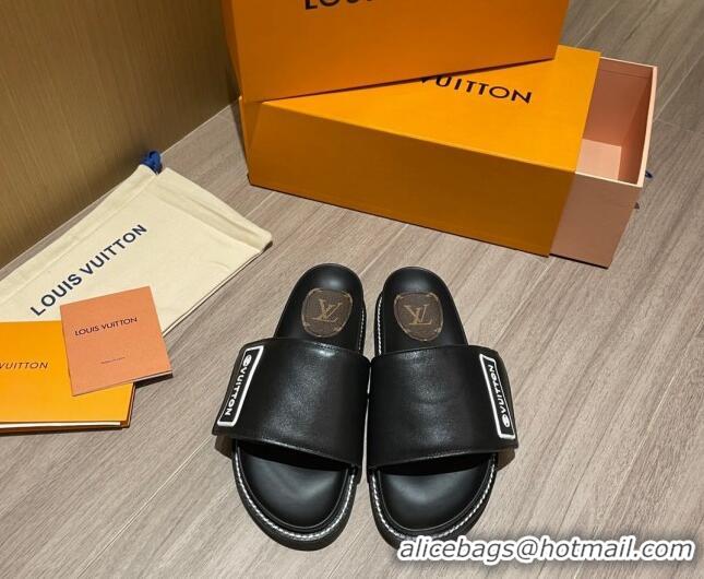 AAAAA Louis Vuitton Leather LV Sunset Flat Comfort Slide Sandals 061254 Black