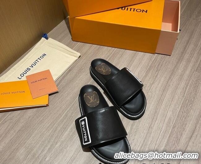 AAAAA Louis Vuitton Leather LV Sunset Flat Comfort Slide Sandals 061254 Black