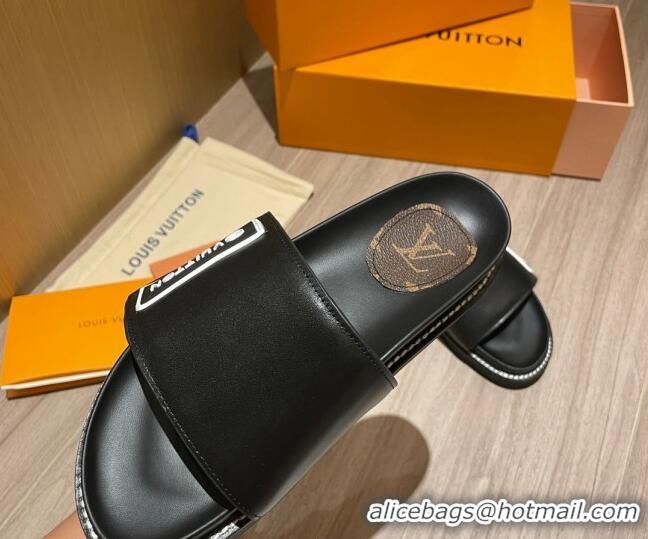 AAAAA Louis Vuitton Leather LV Sunset Flat Comfort Slide Sandals 061254 Black