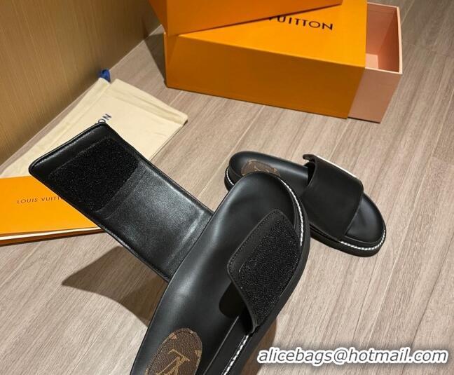 AAAAA Louis Vuitton Leather LV Sunset Flat Comfort Slide Sandals 061254 Black