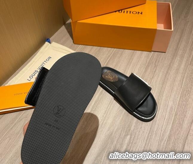 AAAAA Louis Vuitton Leather LV Sunset Flat Comfort Slide Sandals 061254 Black