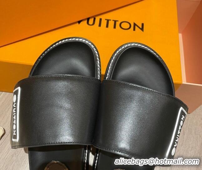 AAAAA Louis Vuitton Leather LV Sunset Flat Comfort Slide Sandals 061254 Black