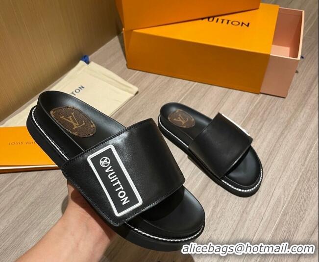 AAAAA Louis Vuitton Leather LV Sunset Flat Comfort Slide Sandals 061254 Black