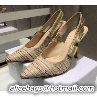 Duplicate Dior J'Adior Slingback Pumps 9.5cm in Multicolor Gold Metallic Thread Embroidered Cotton 042708