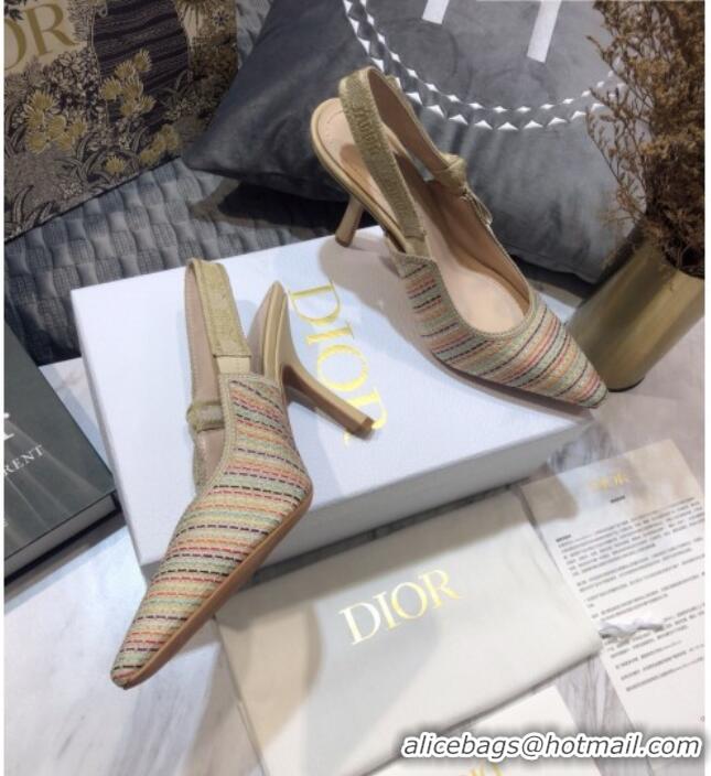 Duplicate Dior J'Adior Slingback Pumps 9.5cm in Multicolor Gold Metallic Thread Embroidered Cotton 042708