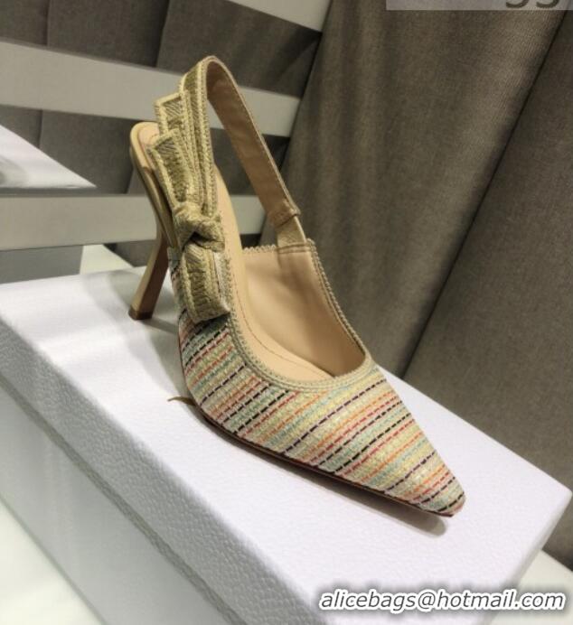 Duplicate Dior J'Adior Slingback Pumps 9.5cm in Multicolor Gold Metallic Thread Embroidered Cotton 042708