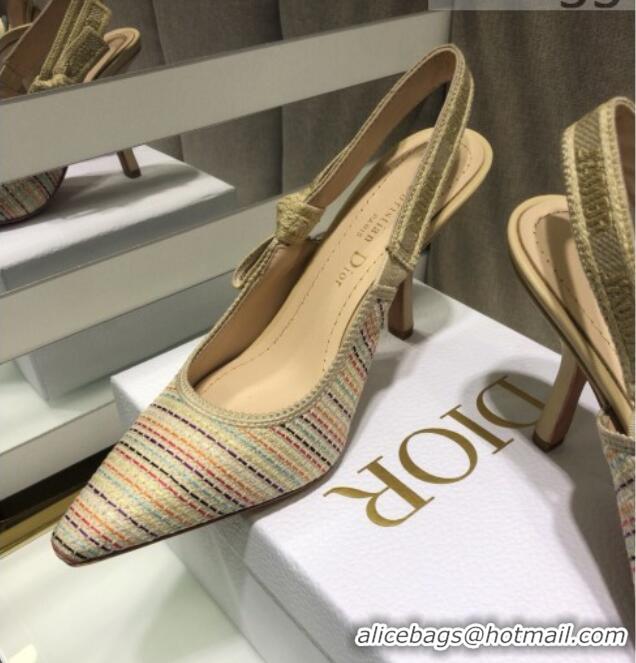 Duplicate Dior J'Adior Slingback Pumps 9.5cm in Multicolor Gold Metallic Thread Embroidered Cotton 042708