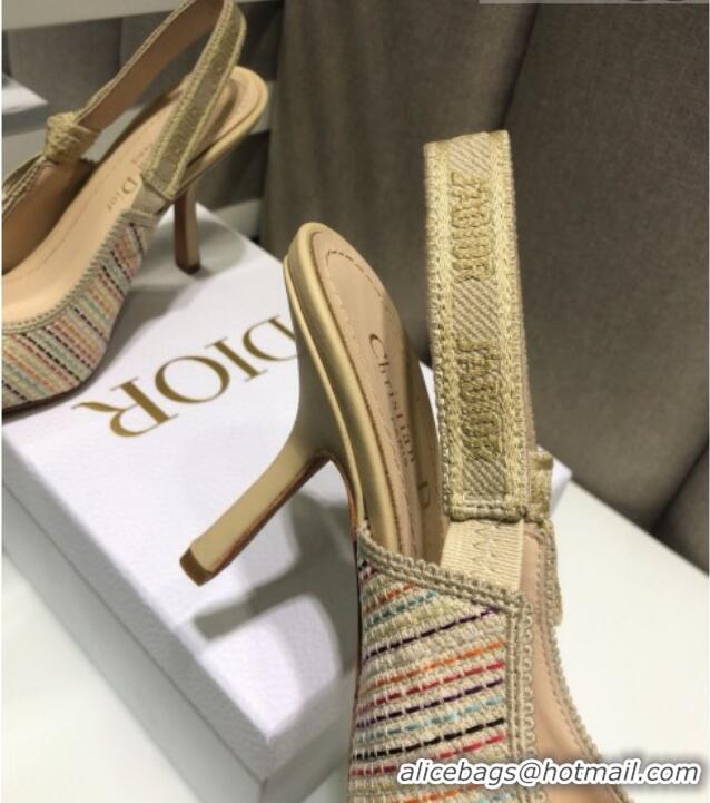 Duplicate Dior J'Adior Slingback Pumps 9.5cm in Multicolor Gold Metallic Thread Embroidered Cotton 042708