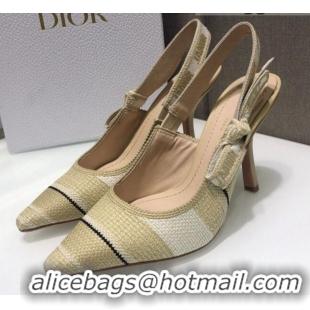 Discount Dior J'Adior Slingback Pumps 9.5cm in Beige Stripes Embroidered Cotton 042711