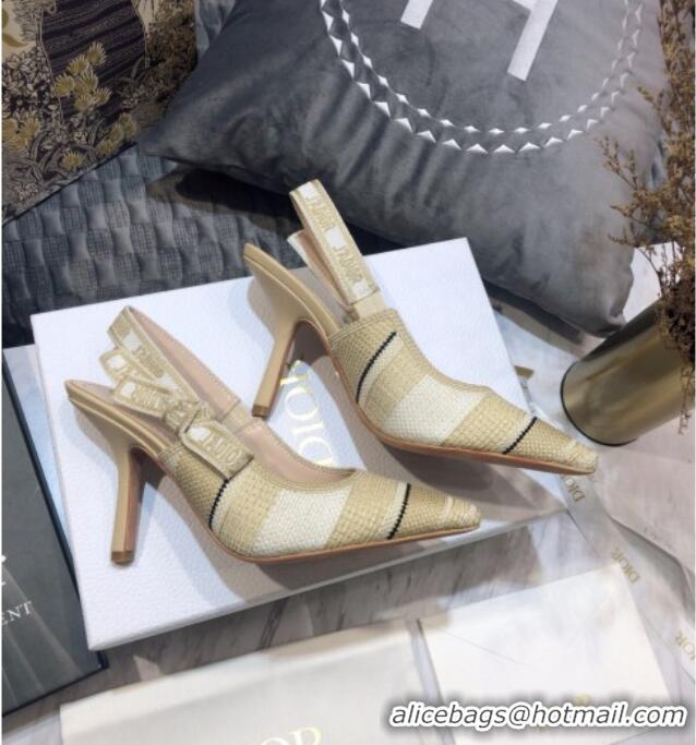 Discount Dior J'Adior Slingback Pumps 9.5cm in Beige Stripes Embroidered Cotton 042711