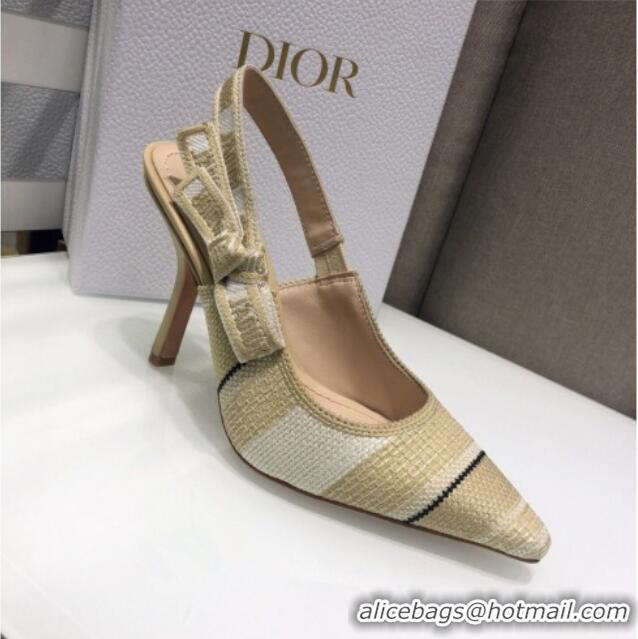 Discount Dior J'Adior Slingback Pumps 9.5cm in Beige Stripes Embroidered Cotton 042711