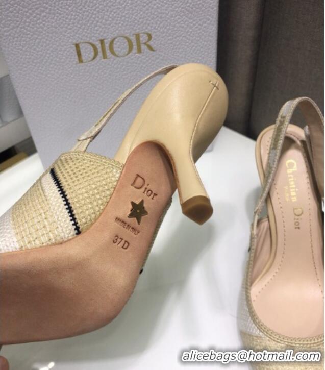 Discount Dior J'Adior Slingback Pumps 9.5cm in Beige Stripes Embroidered Cotton 042711