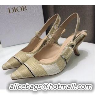 Best Luxury Dior J'Adior Slingback Pumps 6.5cm in Beige Stripes Embroidered Cotton 042712