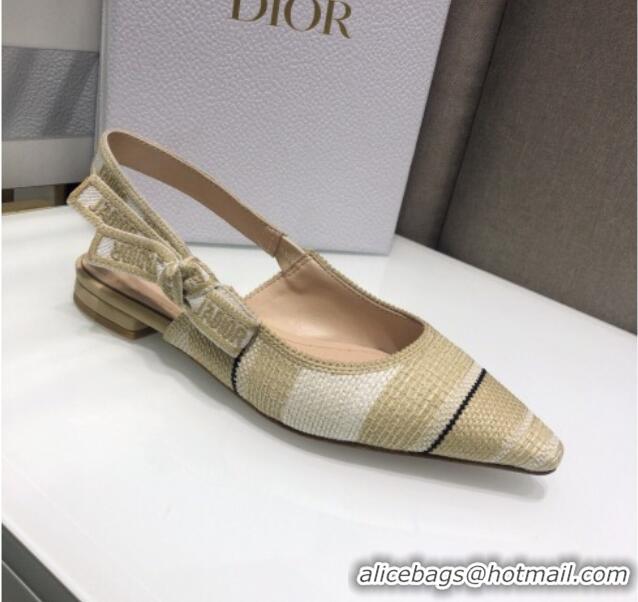 Luxurious Dior J'Adior Slingback Ballerina Flat in Beige Stripes Embroidered Cotton 042713