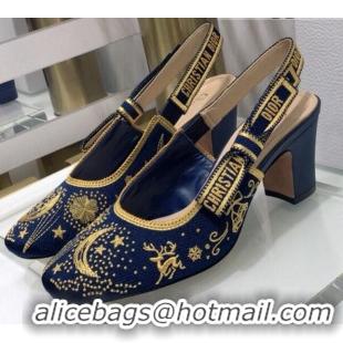 Beautiful Dior x Moi Slingback Pumps 6.5cm in Navy Blue Star Embroidered Cotton 042724