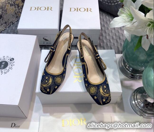 Beautiful Dior x Moi Slingback Pumps 6.5cm in Navy Blue Star Embroidered Cotton 042724