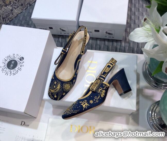 Beautiful Dior x Moi Slingback Pumps 6.5cm in Navy Blue Star Embroidered Cotton 042724