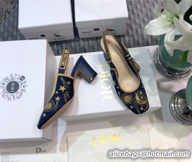 Beautiful Dior x Moi Slingback Pumps 6.5cm in Navy Blue Star Embroidered Cotton 042724