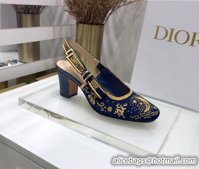 Beautiful Dior x Moi Slingback Pumps 6.5cm in Navy Blue Star Embroidered Cotton 042724