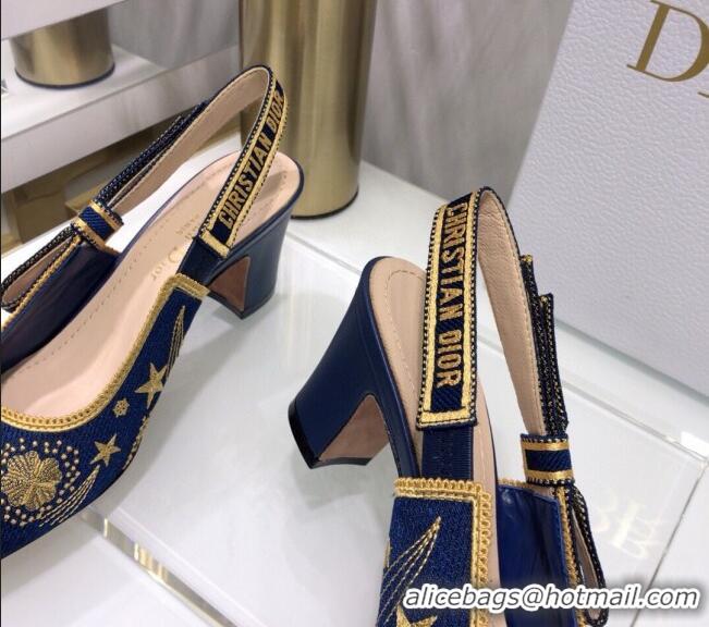 Beautiful Dior x Moi Slingback Pumps 6.5cm in Navy Blue Star Embroidered Cotton 042724