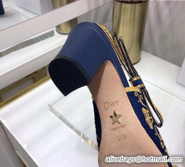 Beautiful Dior x Moi Slingback Pumps 6.5cm in Navy Blue Star Embroidered Cotton 042724