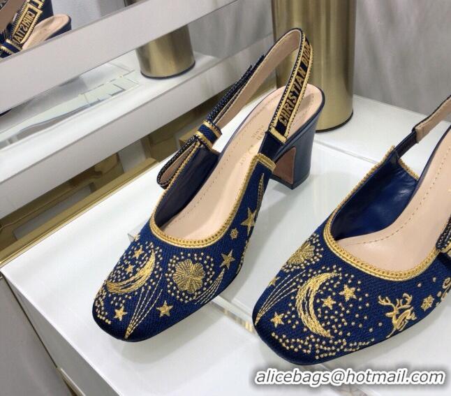 Beautiful Dior x Moi Slingback Pumps 6.5cm in Navy Blue Star Embroidered Cotton 042724