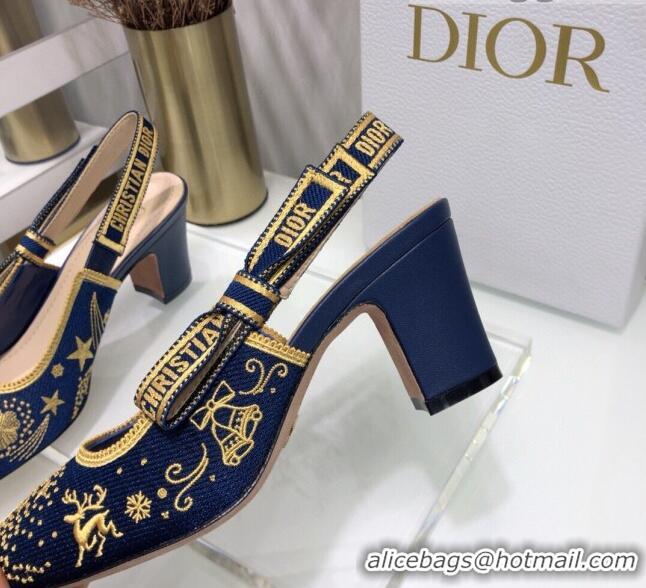 Beautiful Dior x Moi Slingback Pumps 6.5cm in Navy Blue Star Embroidered Cotton 042724