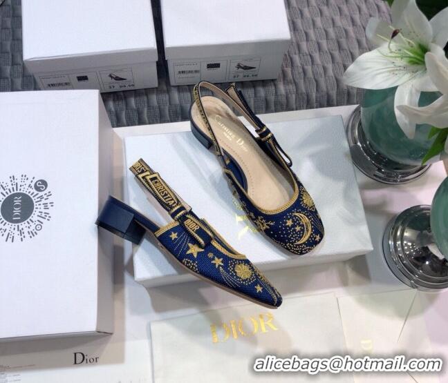 Low Price Dior x Moi Slingback Pumps 3.5cm in Navy Blue Star Embroidered Cotton 042724