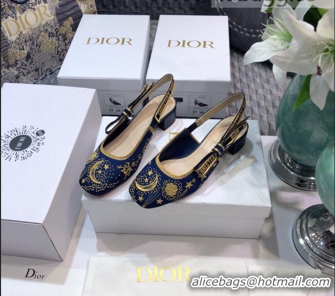 Low Price Dior x Moi Slingback Pumps 3.5cm in Navy Blue Star Embroidered Cotton 042724