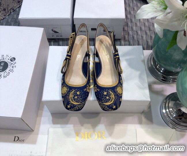 Low Price Dior x Moi Slingback Pumps 3.5cm in Navy Blue Star Embroidered Cotton 042724