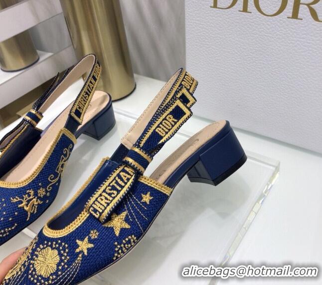 Low Price Dior x Moi Slingback Pumps 3.5cm in Navy Blue Star Embroidered Cotton 042724