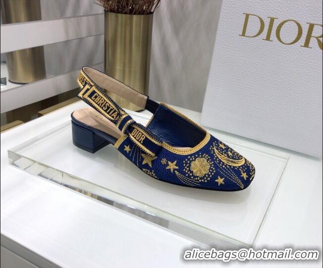 Low Price Dior x Moi Slingback Pumps 3.5cm in Navy Blue Star Embroidered Cotton 042724