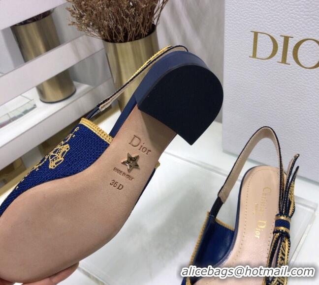 Low Price Dior x Moi Slingback Pumps 3.5cm in Navy Blue Star Embroidered Cotton 042724