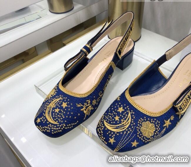 Low Price Dior x Moi Slingback Pumps 3.5cm in Navy Blue Star Embroidered Cotton 042724